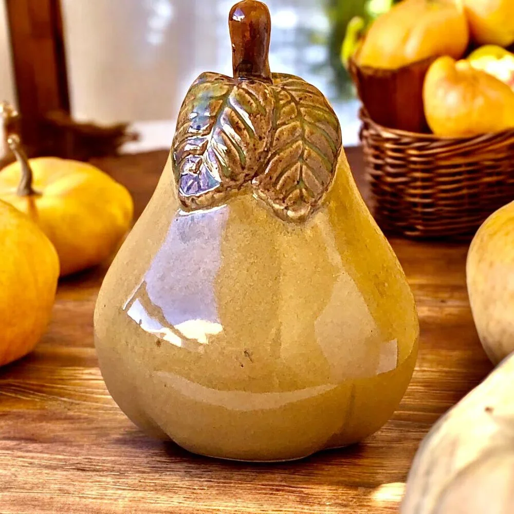 Ceramic Pear Fruit With Leaf Stem Decorative Figurine 7.6